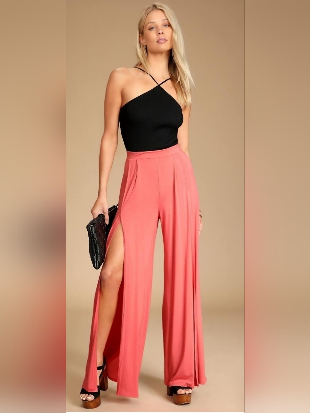 Lulu's Coral Wide Leg Split Palazzo Pants